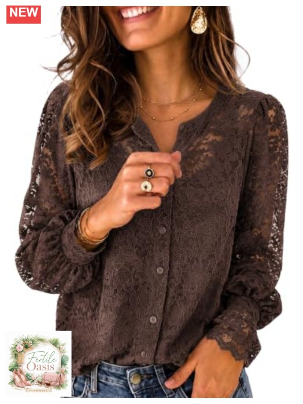 Lace Long Sleeve Button Down Blouse Sheer Dressy Top Women